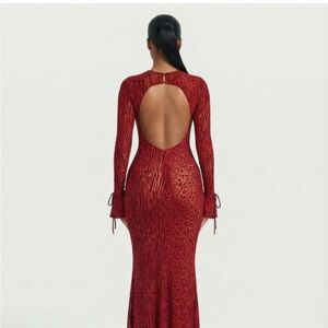 Red Open-Back Long Sleeve Evening Dress